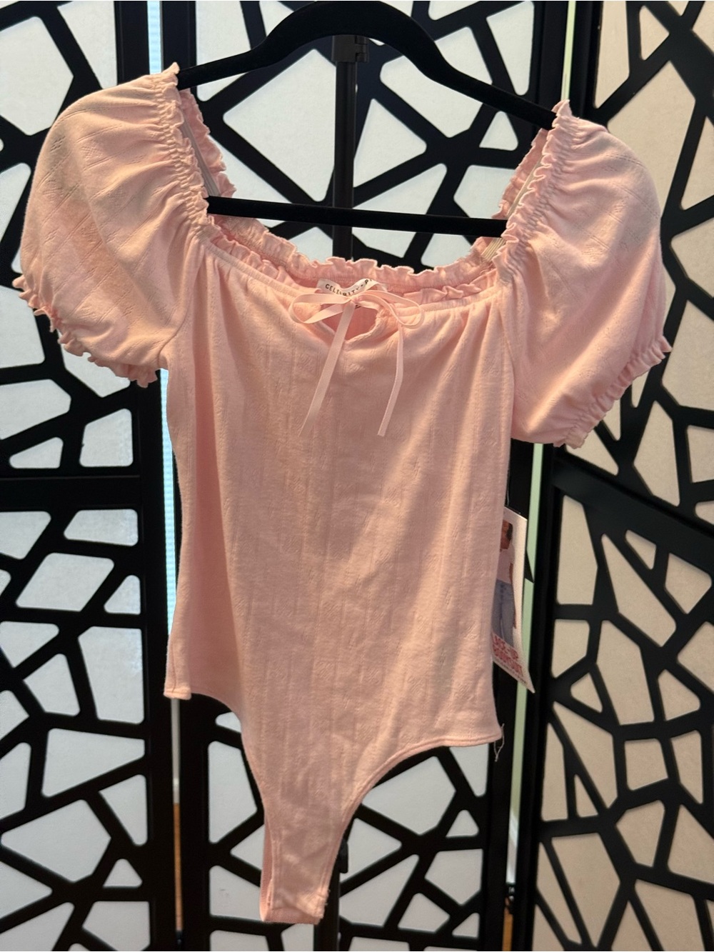 Celebrity Pink Light Pink with bows. Puff Sleeve Bodysuit snap closure NWT